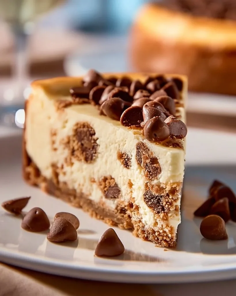 Delicious Chocolate Chip Cookie Dough Cheesecake topped with cookie dough and chocolate chips