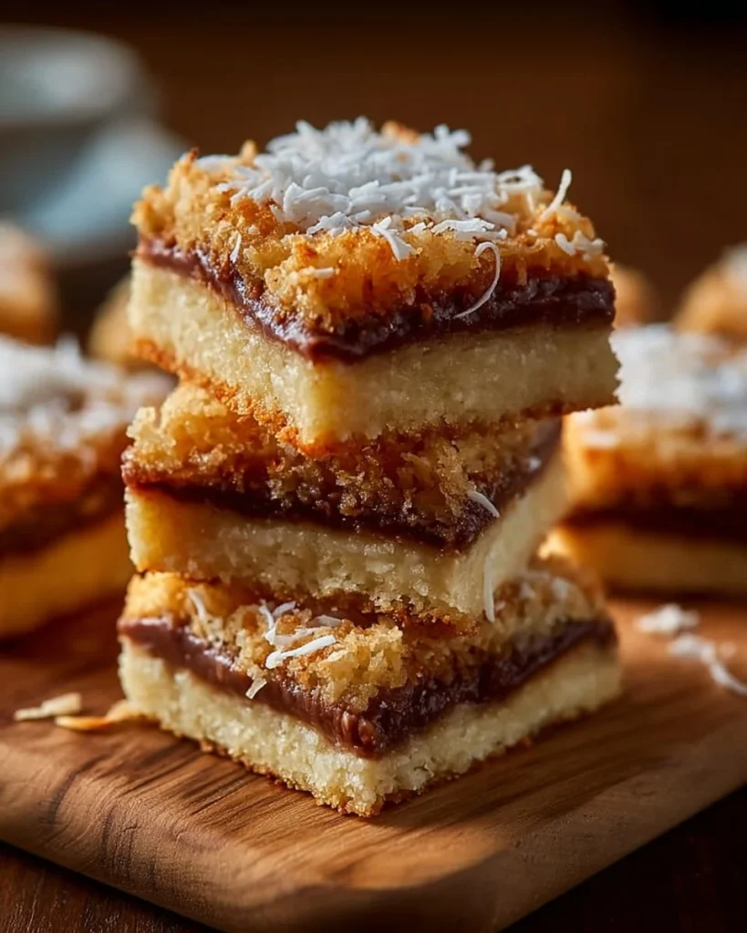 Delicious Coconut Dream Bars topped with coconut flakes and creamy filling.