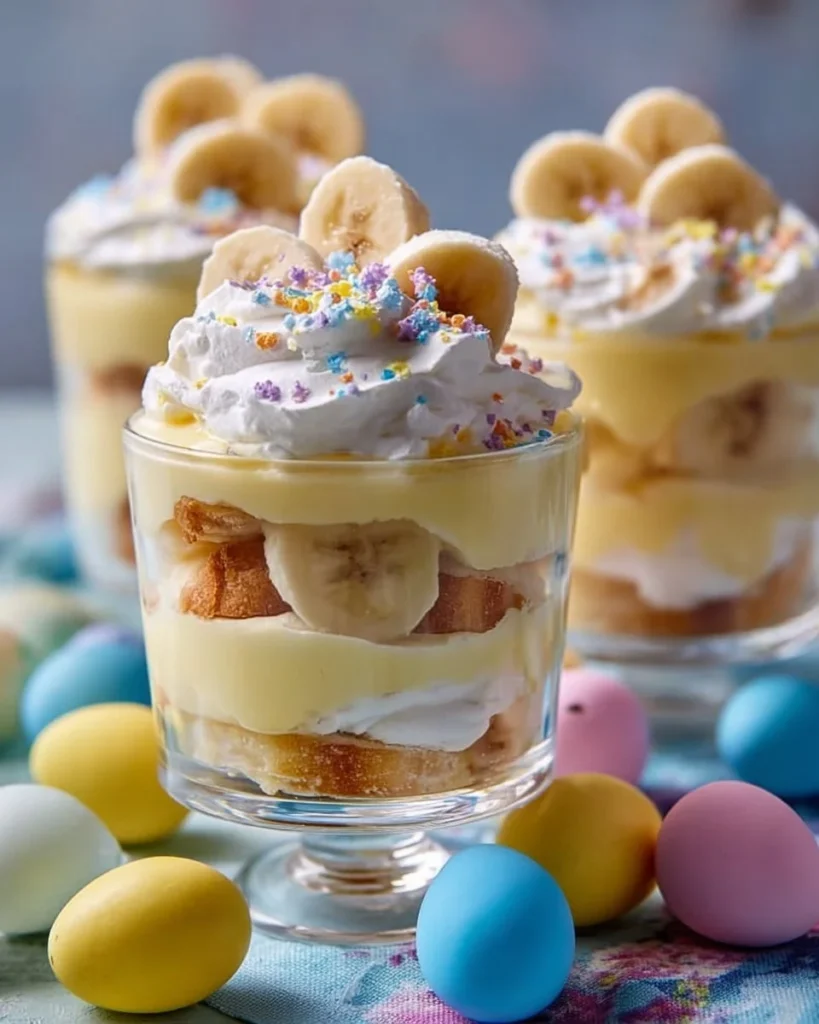 Easter Banana Pudding Cups topped with whipped cream and colorful decorations.