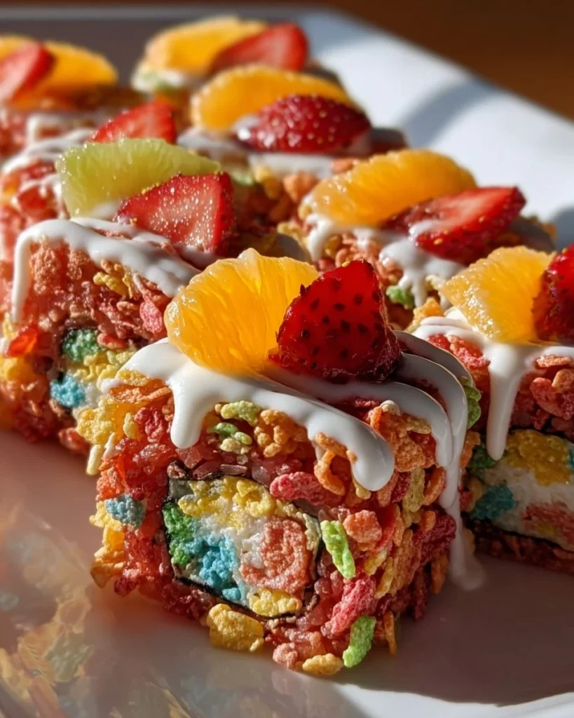 Colorful Fruity Pebbles Sushi dessert rolls with rice and cereal toppings
