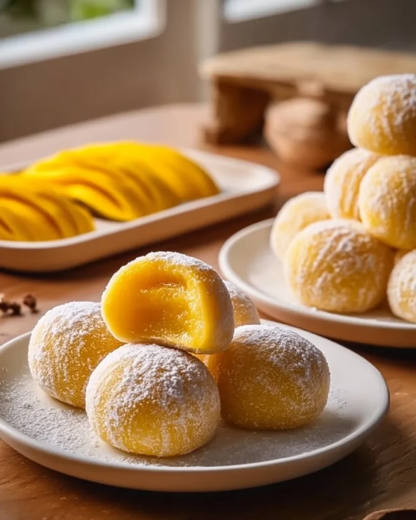 Homemade mango mochi dessert in a colorful presentation