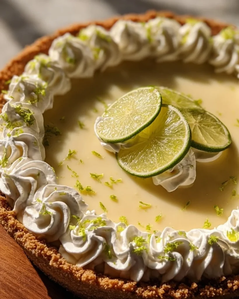 Slice of delicious Key Lime Pie Dessert with a graham cracker crust and lime topping