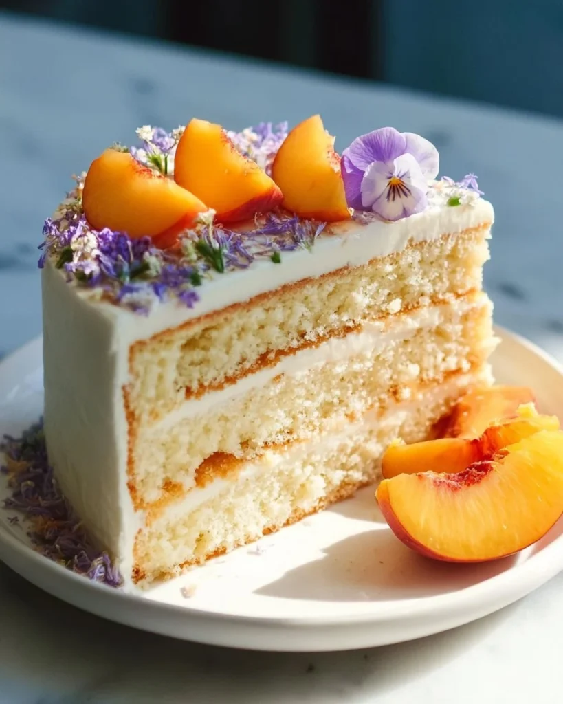 Lavender Peach Cake beautifully decorated with fresh peaches and lavender sprigs