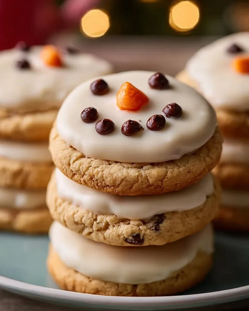 Melted Snowman Peanut Butter Cookies decorated for winter festivities