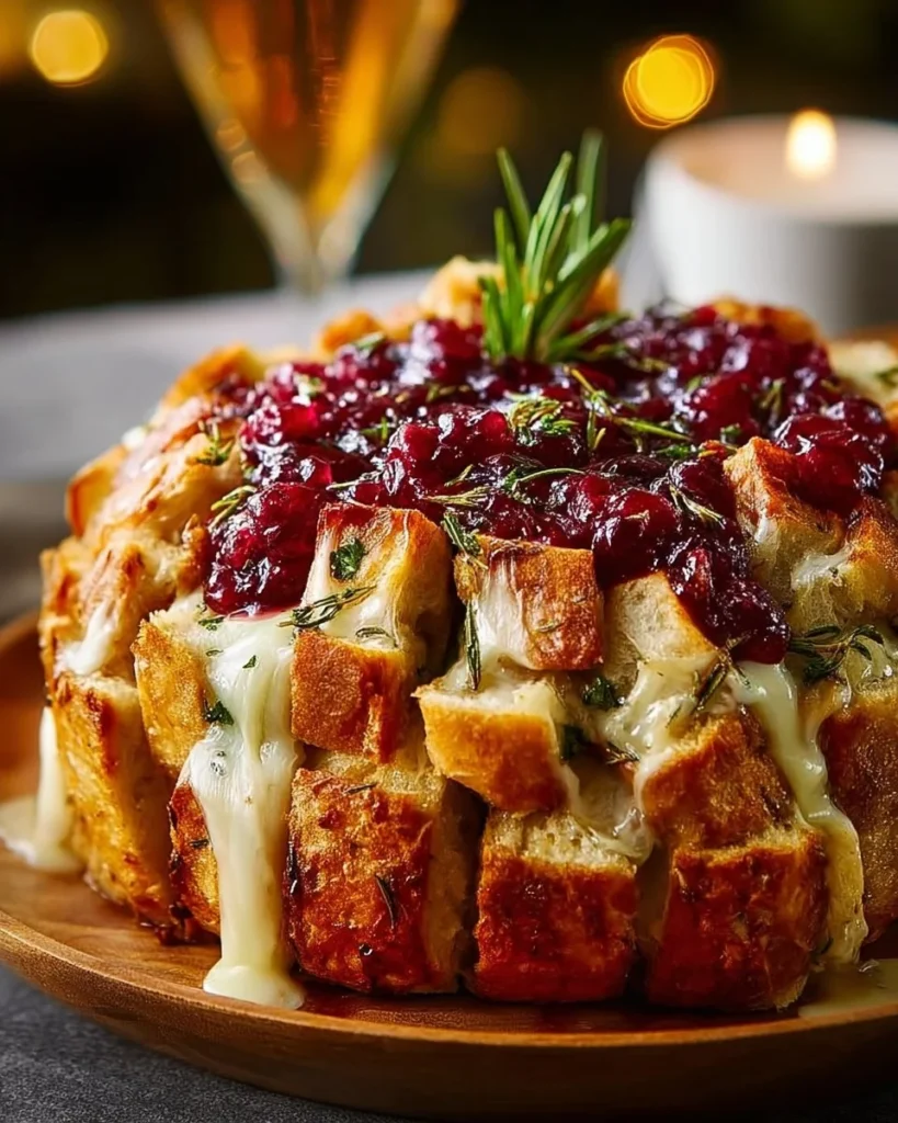 Pull-apart sourdough brie with cranberry, perfect for festive gatherings.
