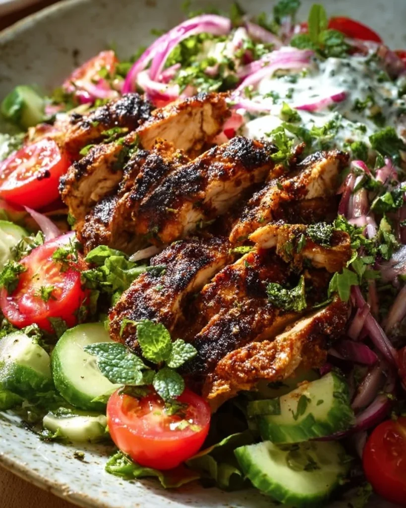 Spiced grilled chicken salad with fresh vegetables and dressing