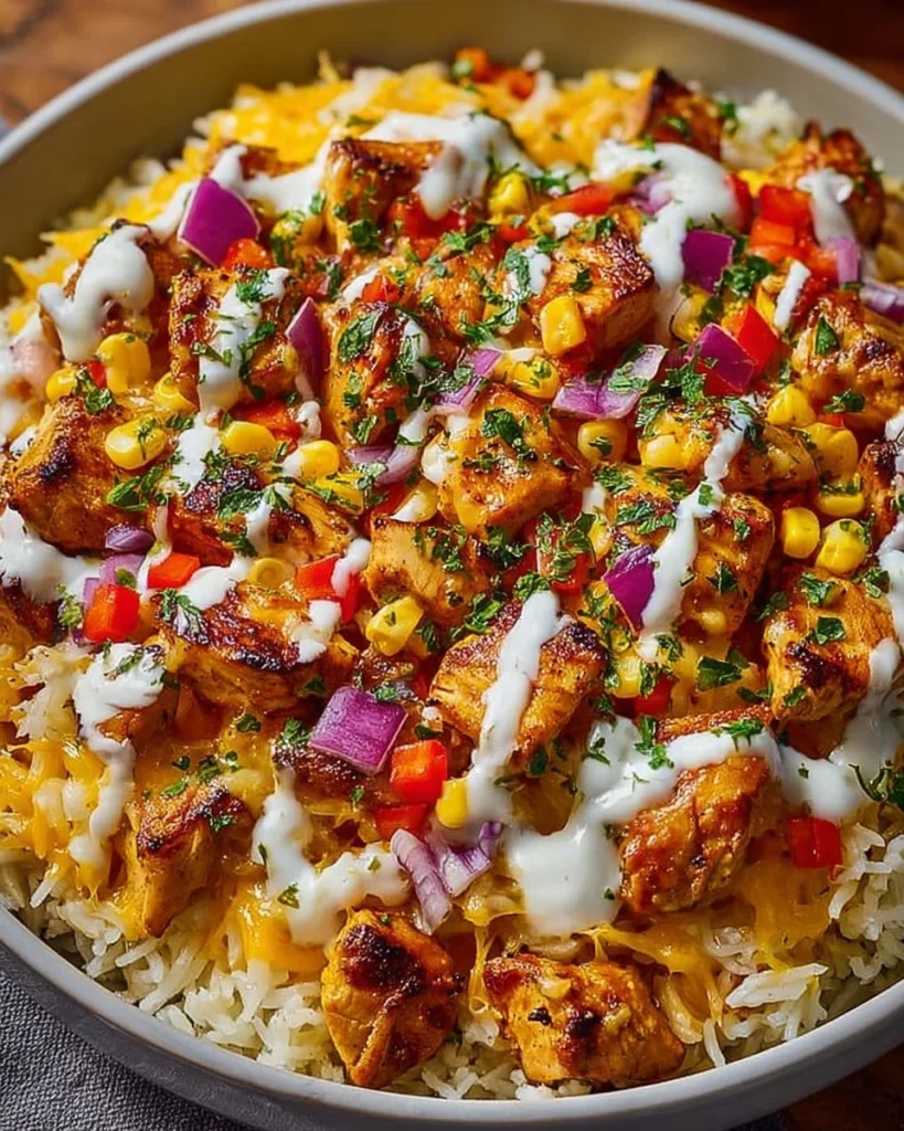 Cheesy Southwest Chicken and Rice dish with vibrant colors and ingredients