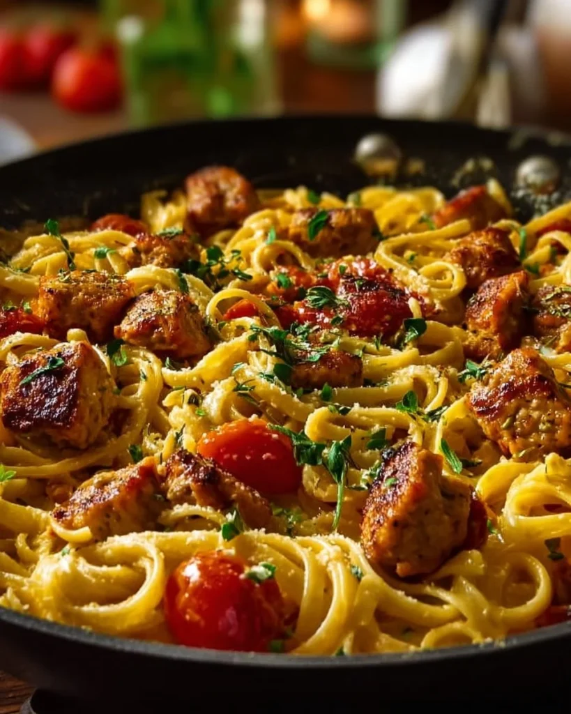 Delicious Chicken Apple Sausage One Pan Pasta served in a bowl