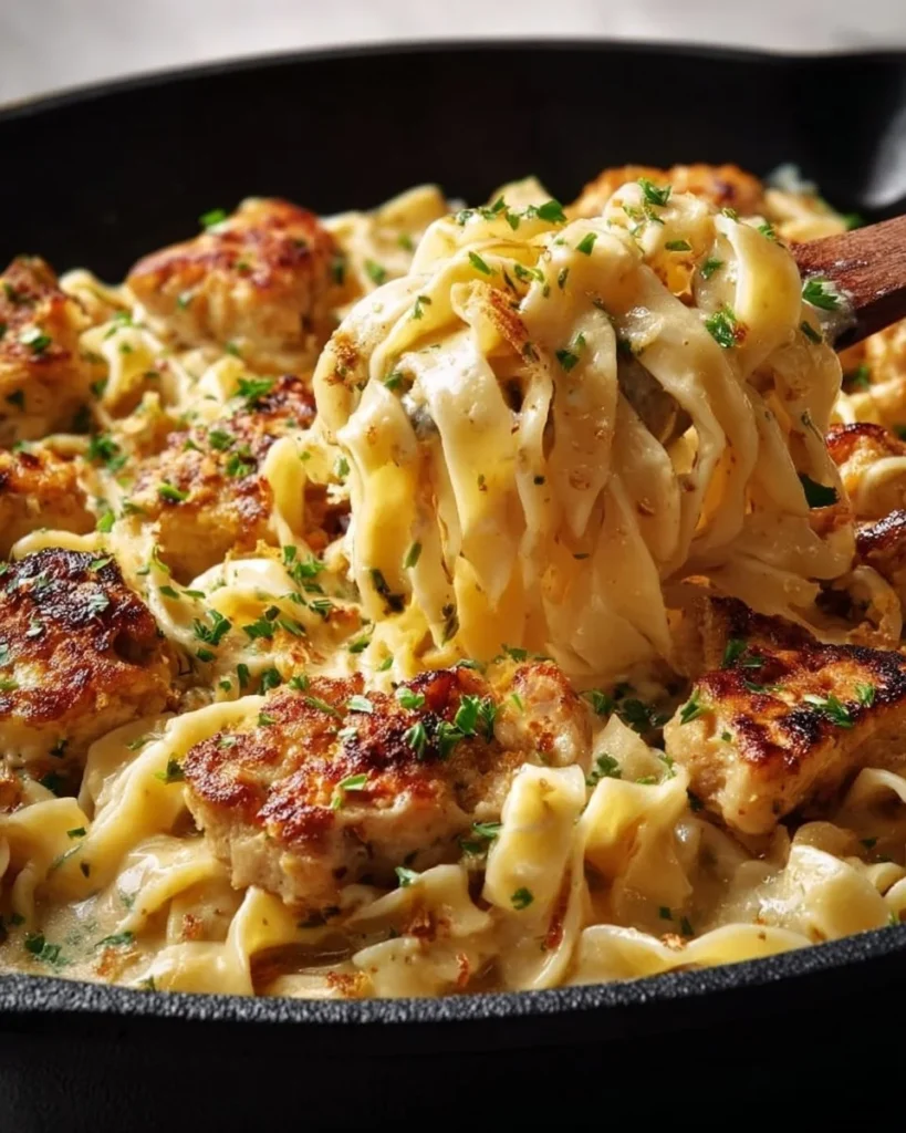 Creamy chicken buttered noodles served in a bowl with herbs