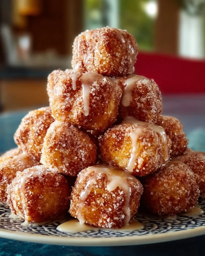 Freshly baked cinnamon sugar biscuit bites on a wooden table