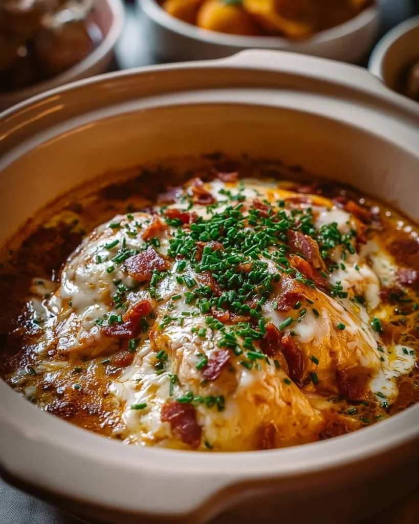 Creamy crockpot chicken dish with cream cheese on a rustic wooden table