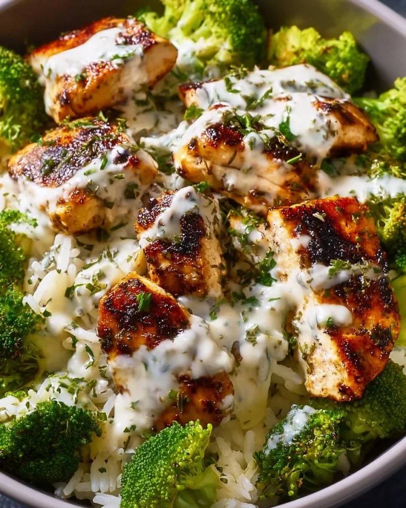 Creamy garlic chicken and broccoli bowls topped with fresh herbs