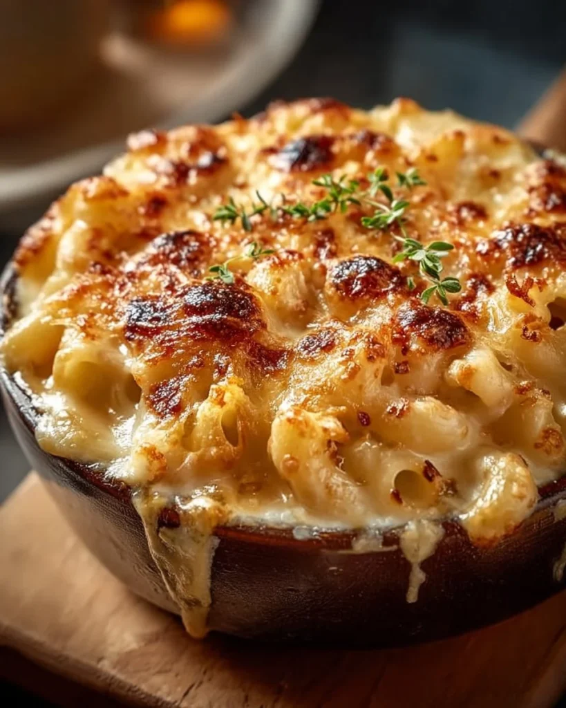 Creamy French Onion Soup Mac & Cheese in a bowl topped with melted cheese and herbs