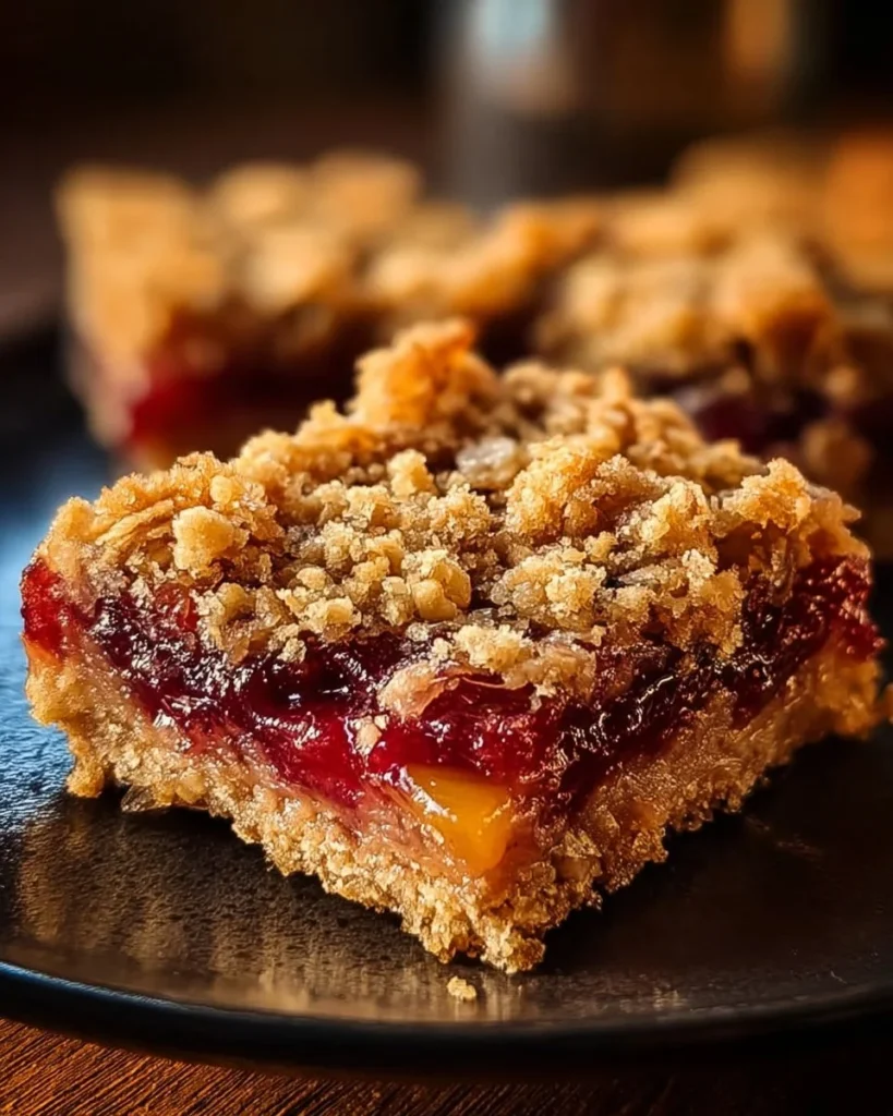 Delicious oatmeal rhubarb bars topped with a crumbly oat mixture