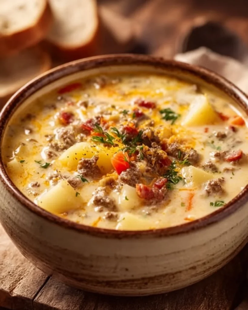 Bowl of easy cheeseburger soup garnished with cheese and herbs