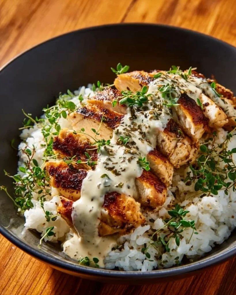 Delicious chicken rice bowls with creamy garlic sauce served in a bowl