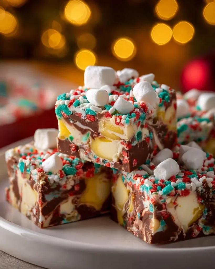 Easy Christmas fudge topped with colorful sprinkles for a festive dessert.
