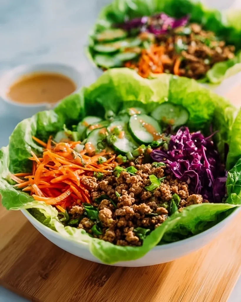 Healthy ground turkey lettuce wrap bowls with colorful veggies and sauces.