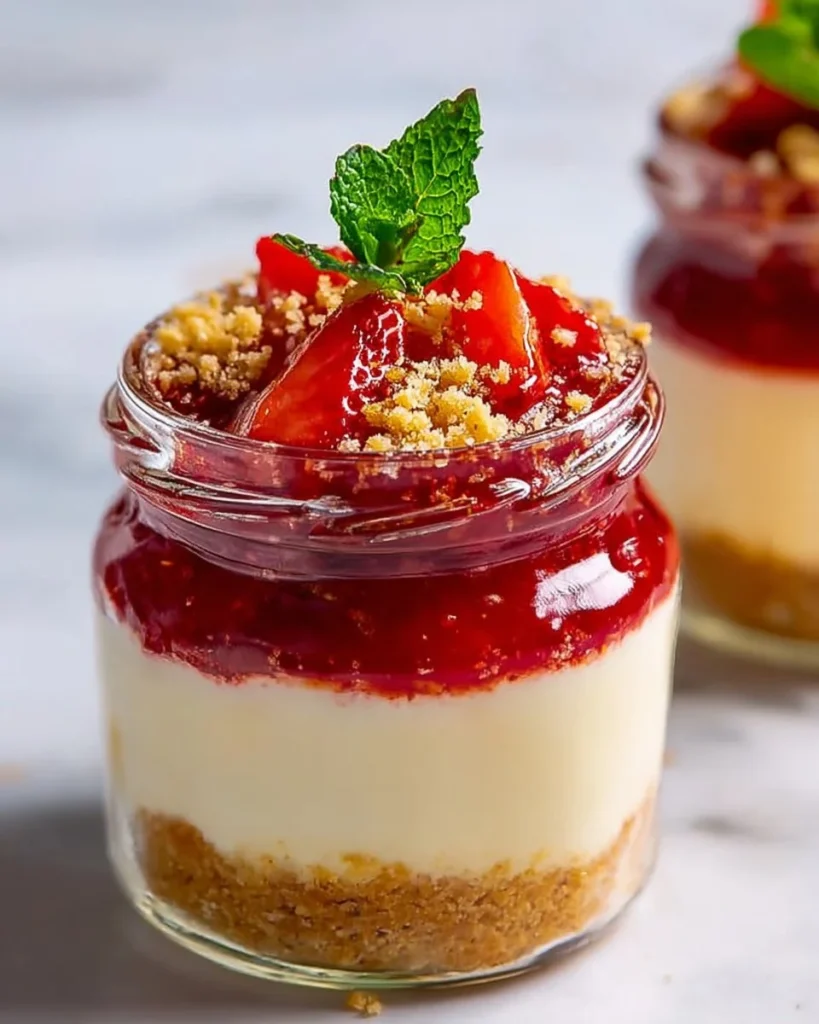 High-protein cheesecake jars with rich toppings for a delicious treat.