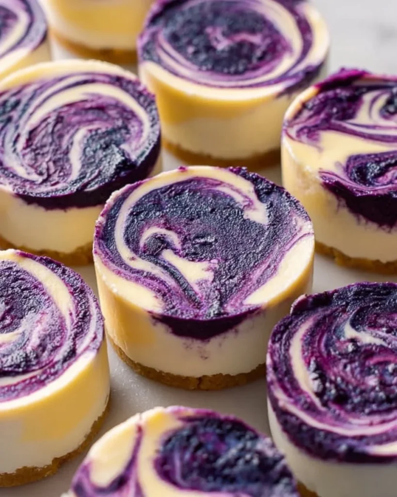 Mini lemon blueberry cheesecakes topped with fresh blueberries