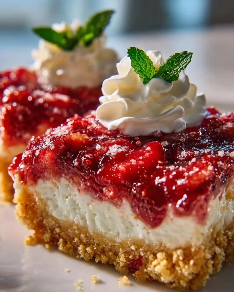 Delicious strawberry dump cake served in a dish with strawberries on top.