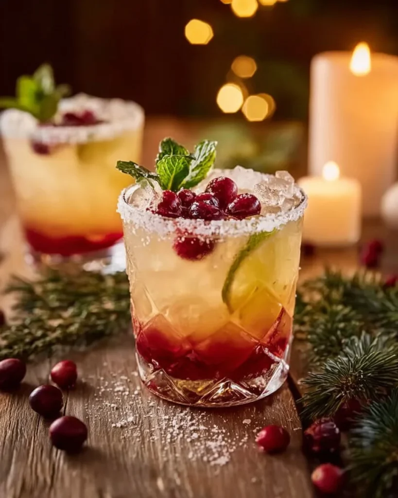 Festive Christmas Mistletoe Margarita cocktail in a glass with holiday decorations