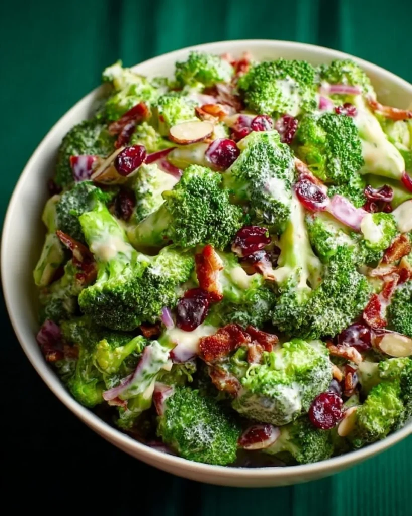 Fresh broccoli salad with colorful vegetables and dressing