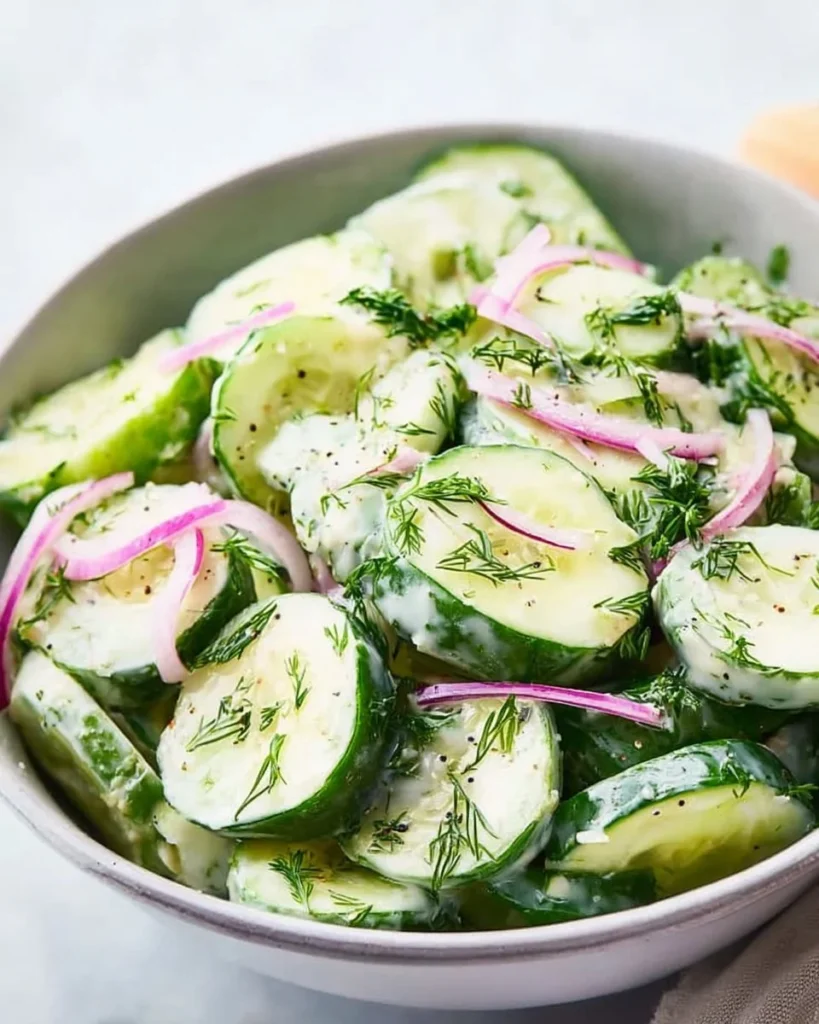 Delicious Cucumber Dill Salad topped with fresh herbs and spices