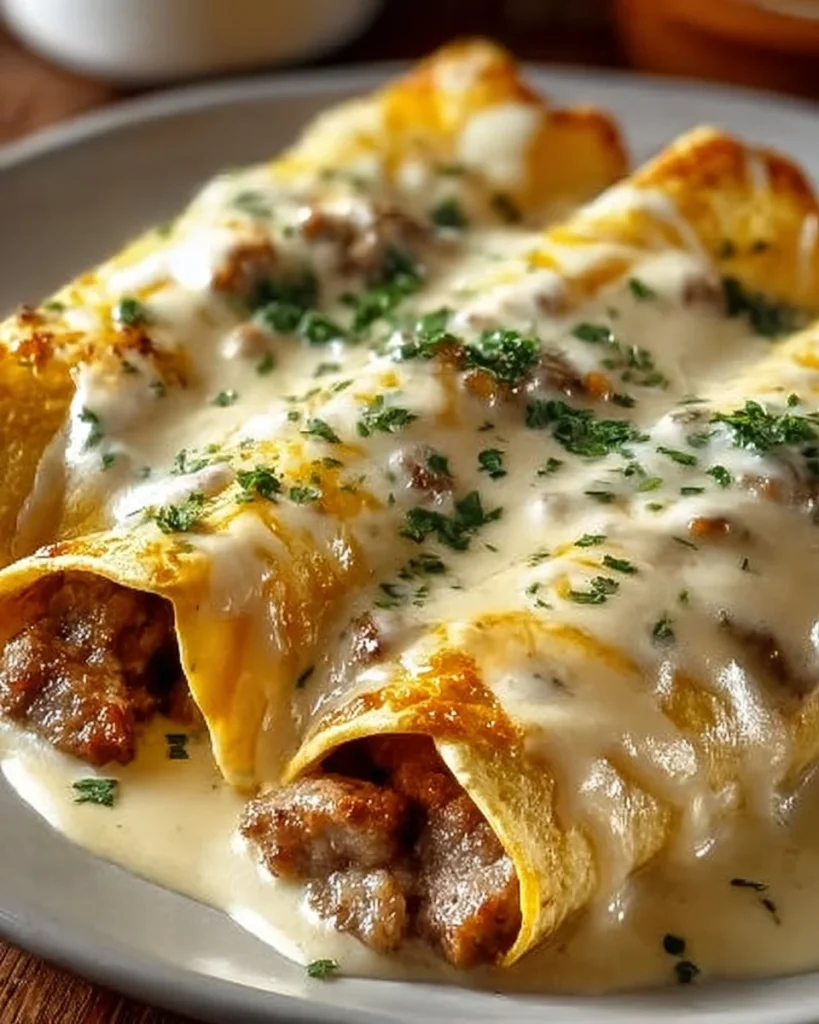 Delicious breakfast enchiladas topped with savory sausage gravy