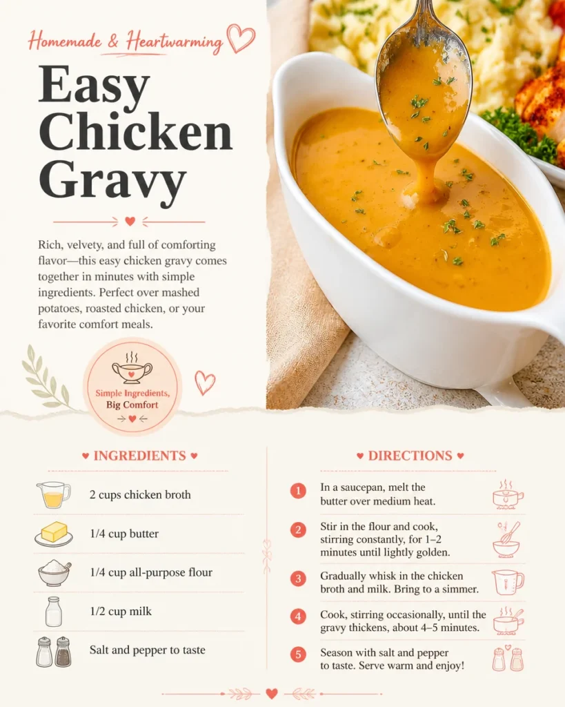 A bowl of easy chicken gravy ready to serve over a delicious meal.