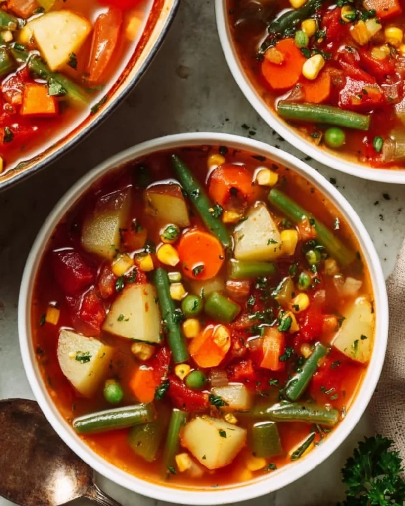 Bowl of easy vegetable soup with fresh ingredients and herbs