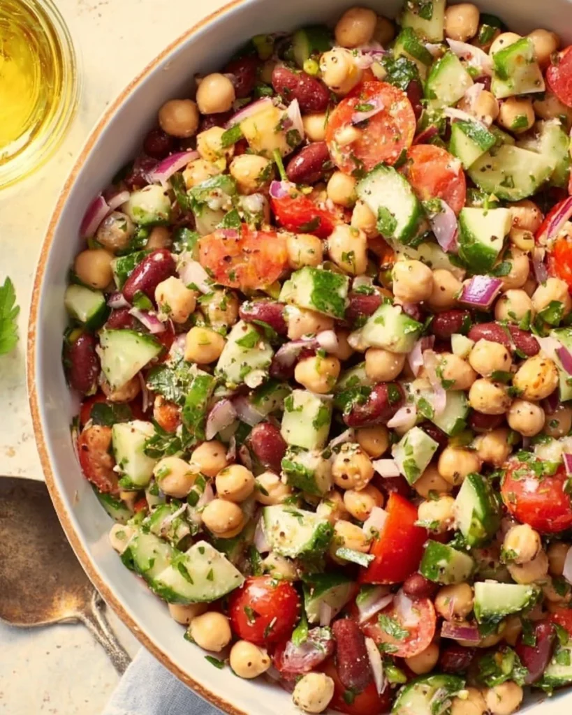 Colorful Mediterranean bean salad with fresh vegetables and herbs