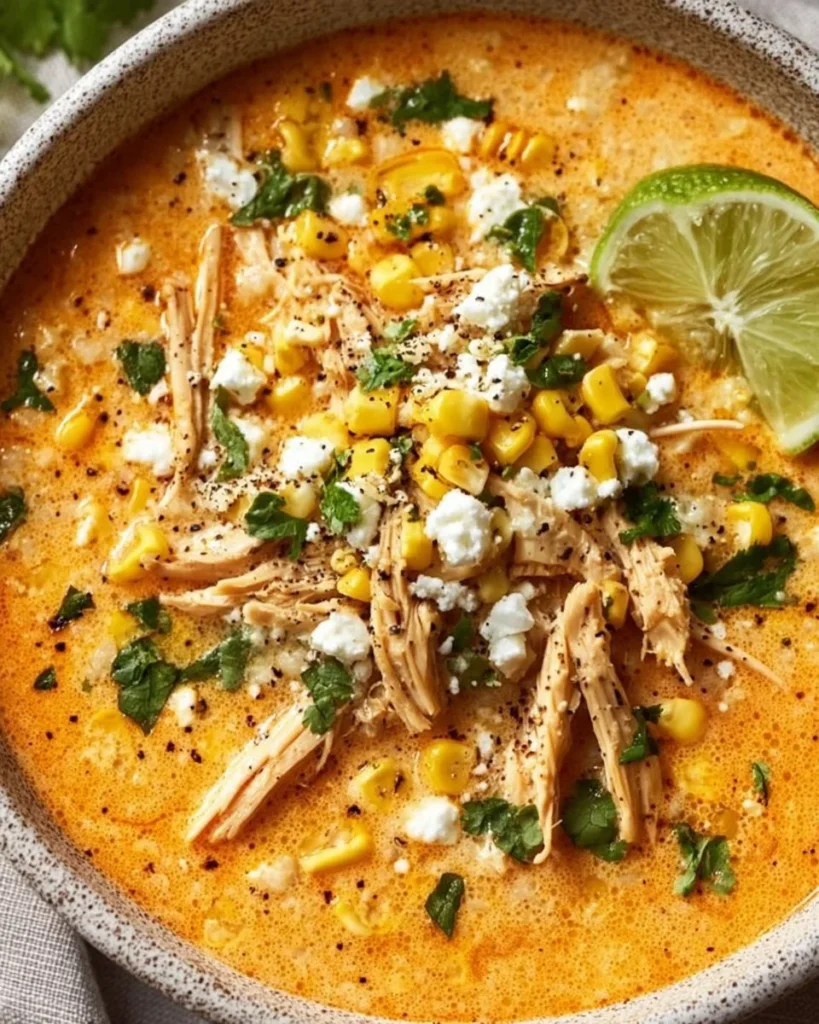 Delicious Mexican Street Corn Soup in a bowl with corn and spices