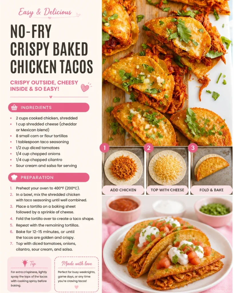 Crispy baked chicken tacos served with fresh toppings and salsa.