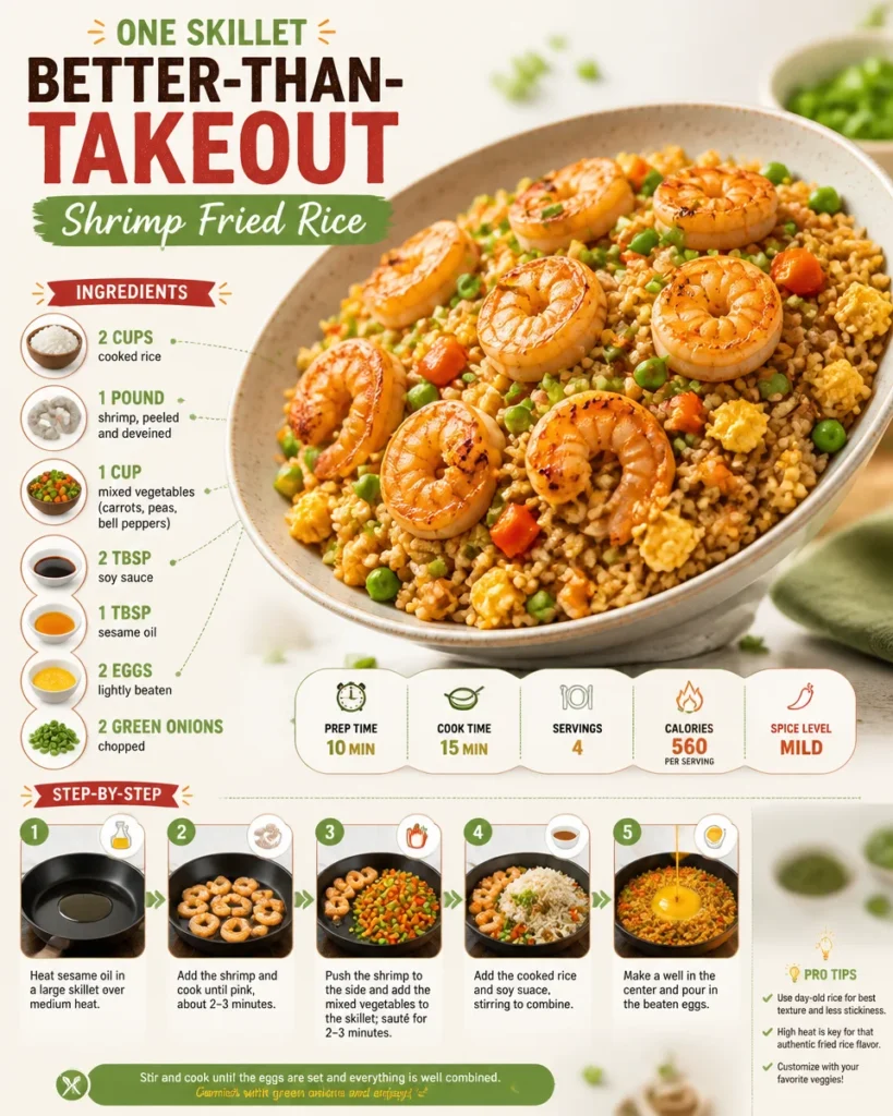 Delicious One Skillet Shrimp Fried Rice served in a bowl, garnished with green onions.