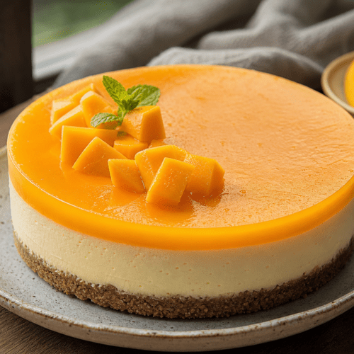 A slice of creamy mango cheesecake with a vibrant mango topping.