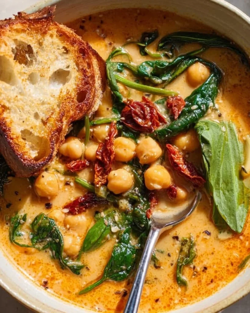 A delicious serving of Tuscan garbanzo bean soup topped with fresh herbs
