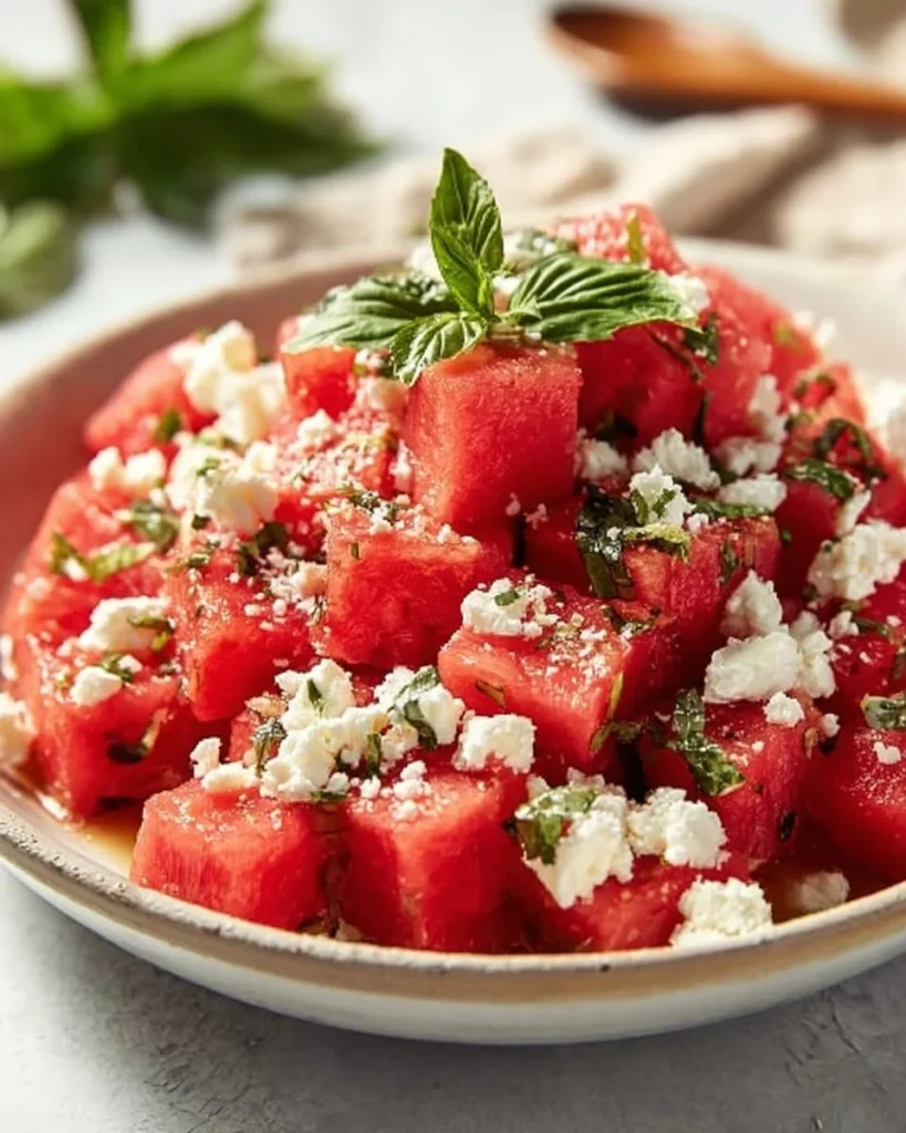 Fresh watermelon feta salad with mint and a drizzle of balsamic glaze