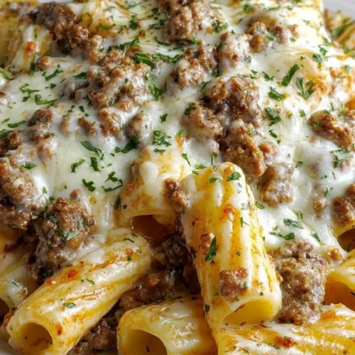 Delicious Beef Rigatoni Pasta topped with creamy cheese sauce