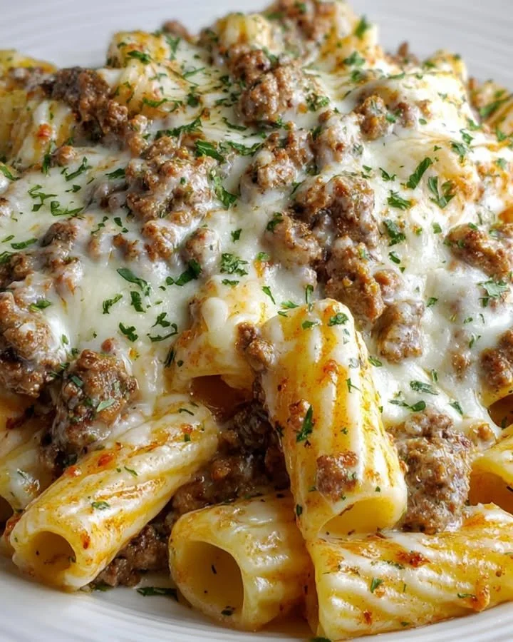 Delicious Beef Rigatoni Pasta topped with creamy cheese sauce