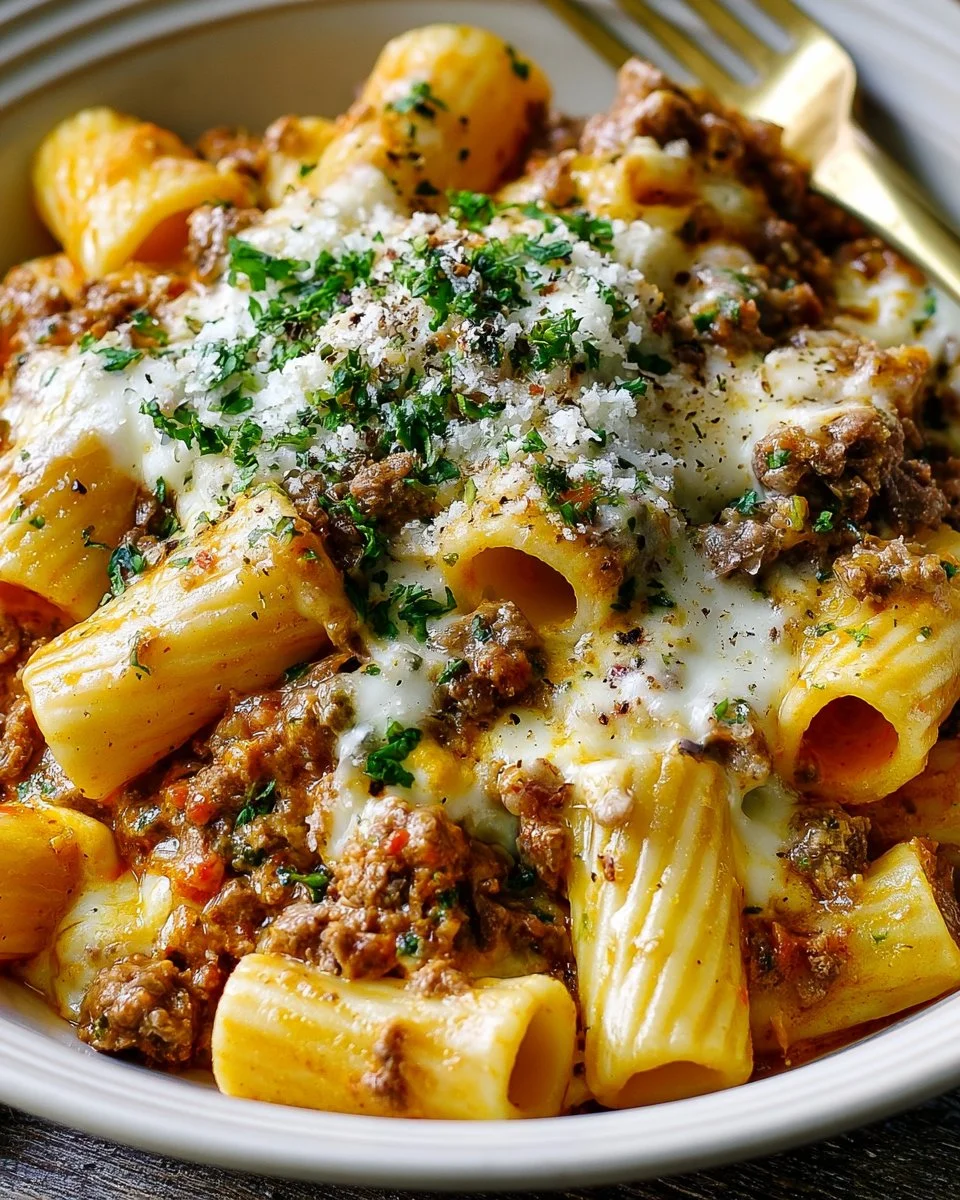 Beef Rigatoni Pasta with Cheesy Cream Sauce