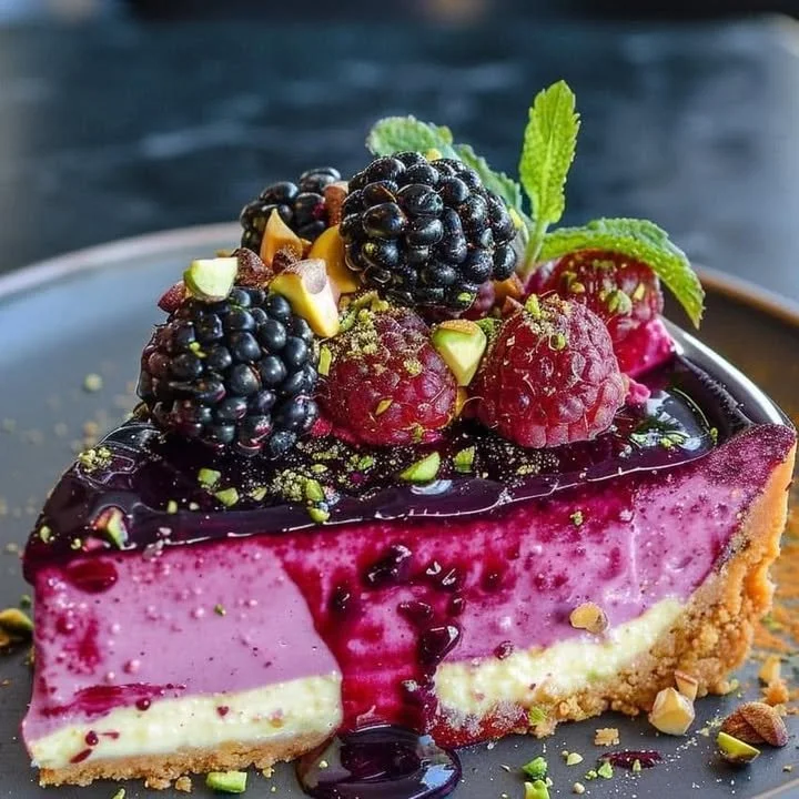 Slice of Berry Bliss Cheesecake topped with fresh berries and whipped cream