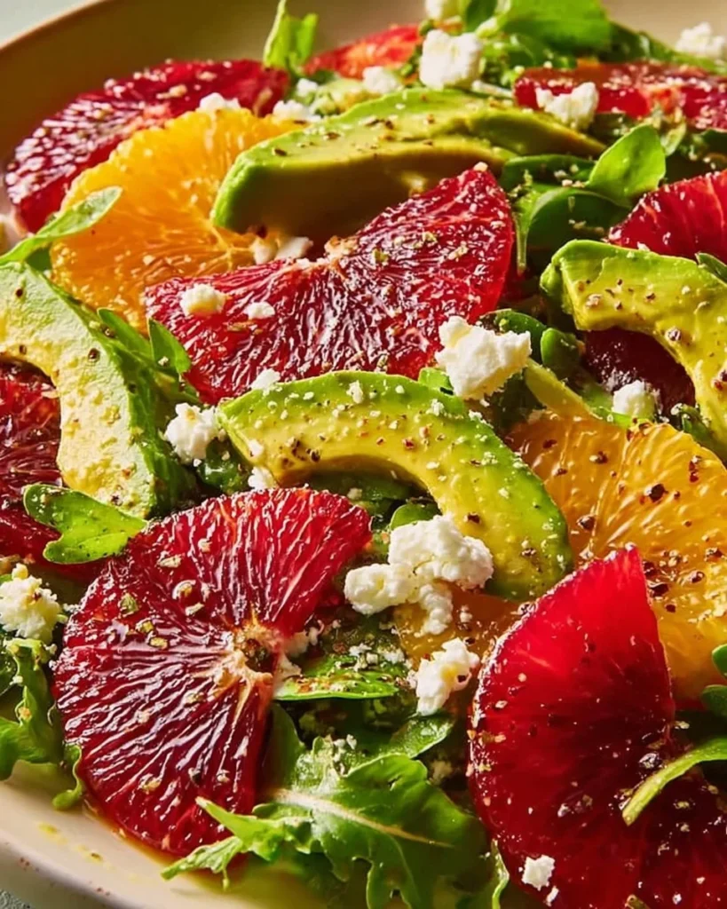 Delicious Blood Orange Avocado Salad garnished with fresh greens and citrus dressing.