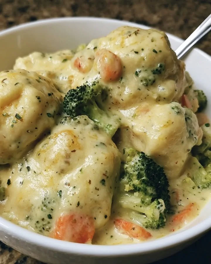 Creamy Broccoli Cheddar Chicken and Dumplings in a bowl, garnished with herbs.