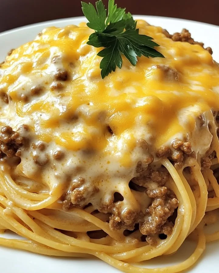 Cheesy beef spaghetti in savory garlic cheddar butter cream served in a bowl