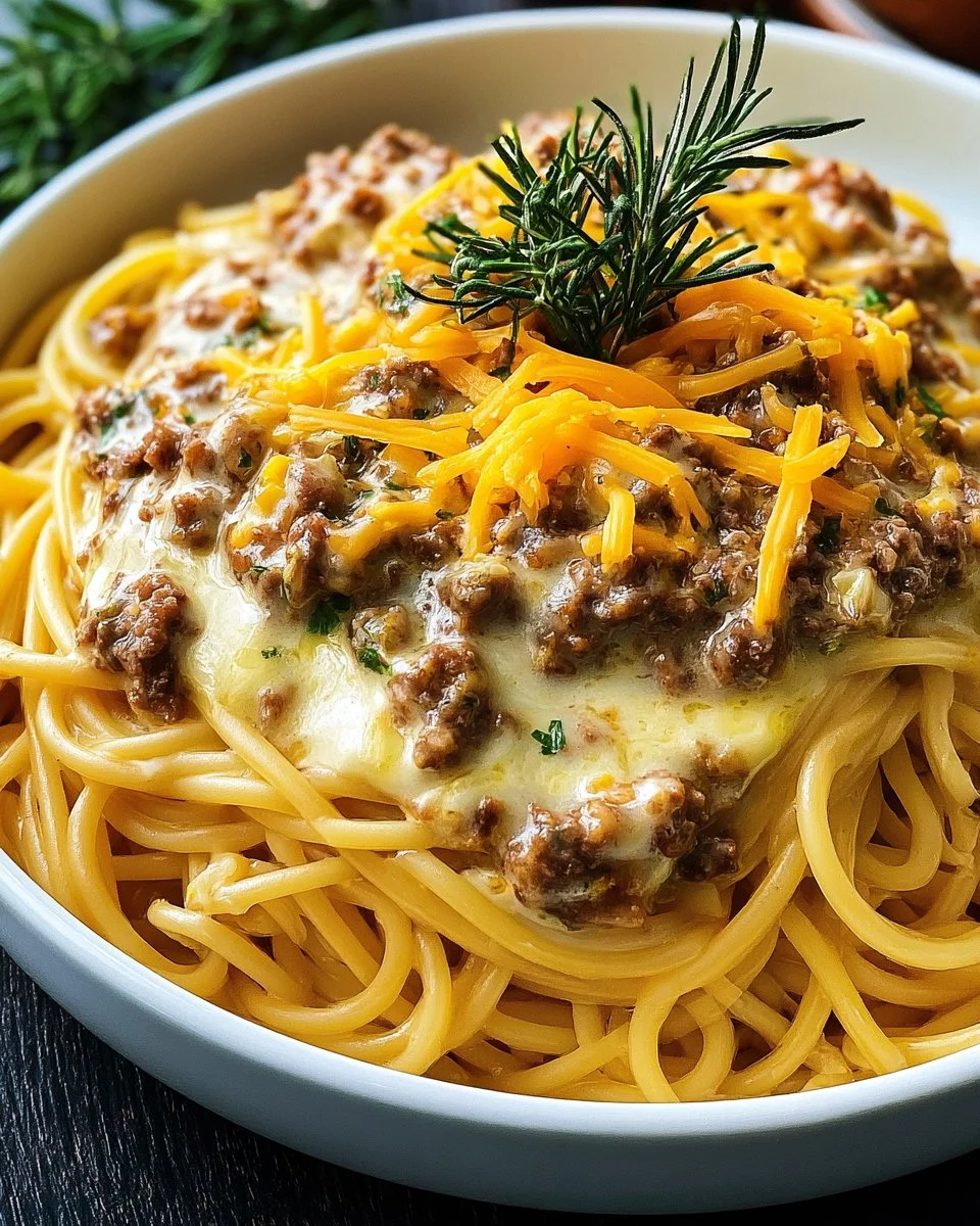 Cheesy Beef Spaghetti in Savory Garlic Cheddar Butter Cream