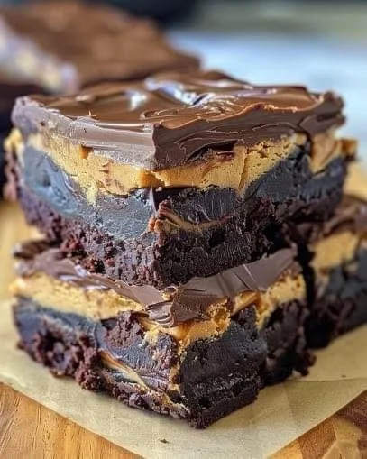 Chocolate peanut butter brownie bars on a plate, drizzled with chocolate sauce