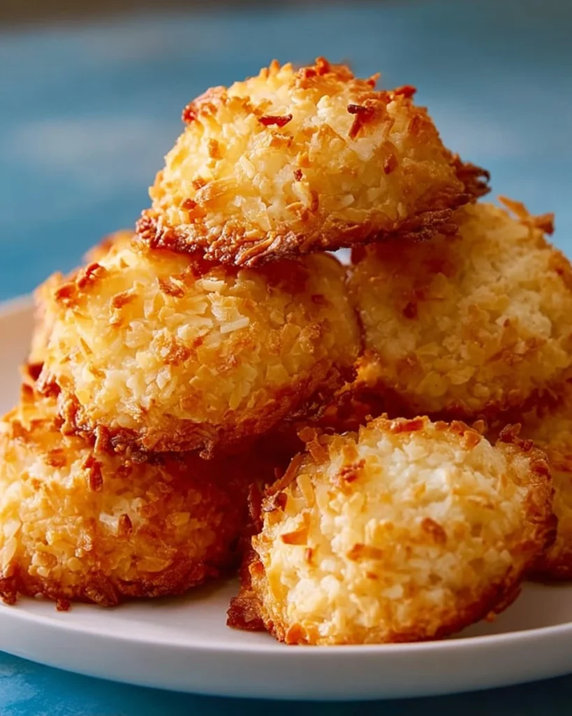 Freshly baked coconut cookies with a golden-brown crust and shredded coconut.