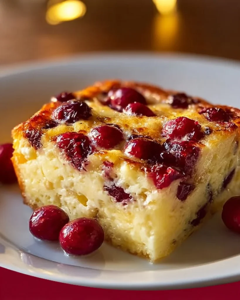 Cottage Cheese Cranberry Orange Breakfast Bake topped with cranberries and orange zest