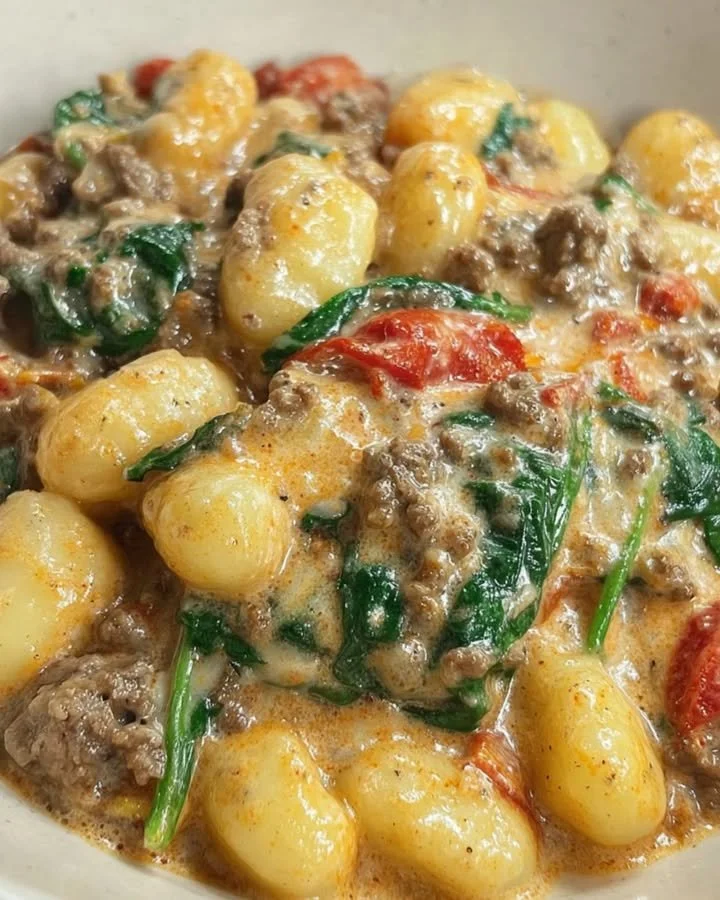 Delicious creamy beef gnocchi skillet served in a skillet dish